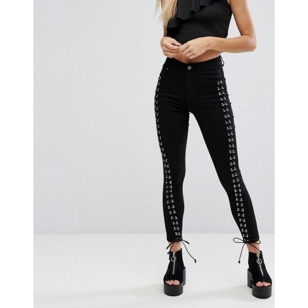 Black Skinny Side Rivet Lace UP Jeans